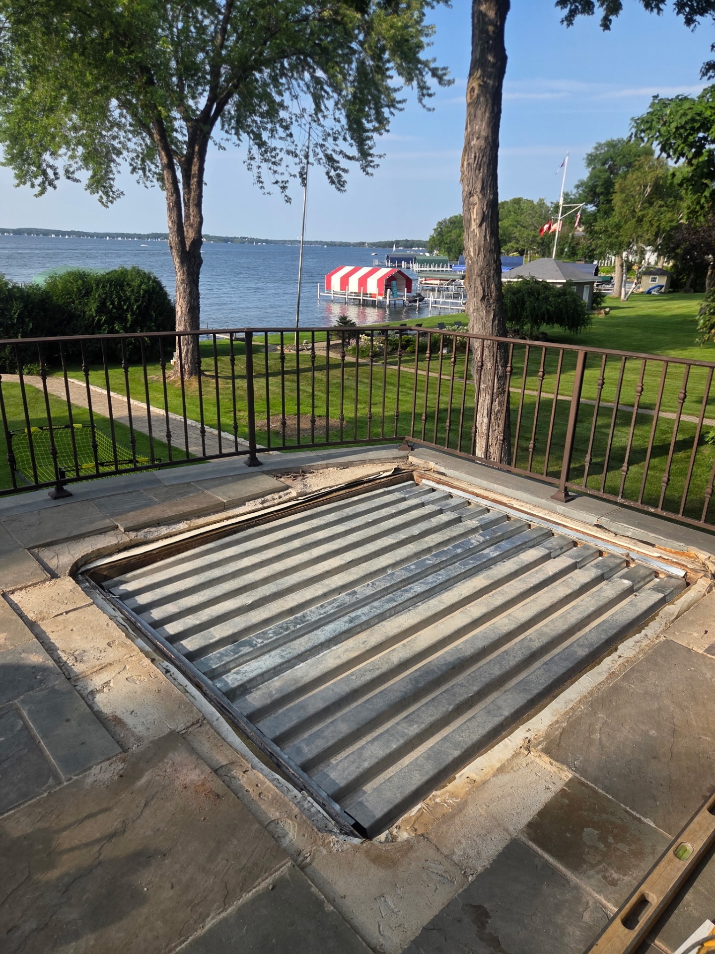 New steel deck pan and framing installed on the lakeside terrace