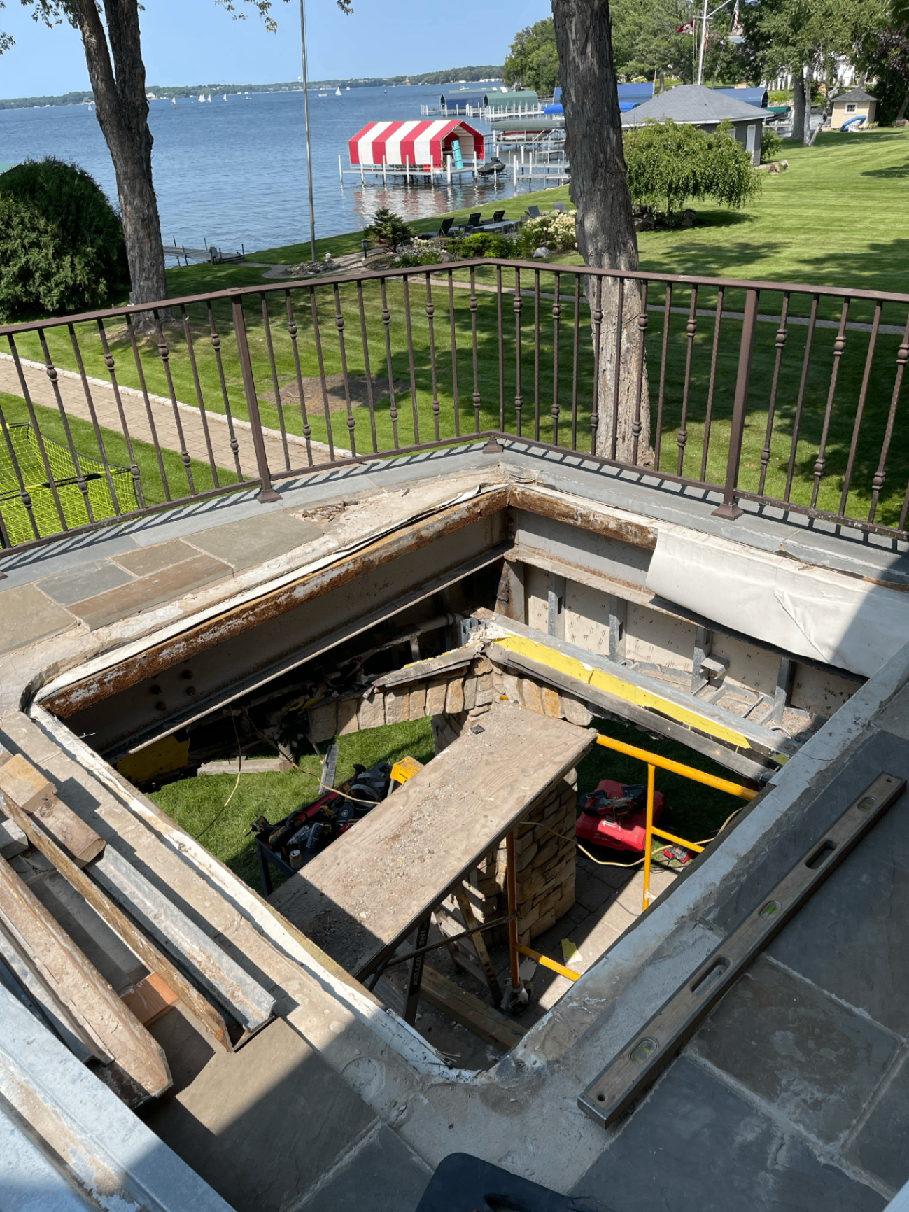 Corroded steel beams and framing removed from the lakeside terrace